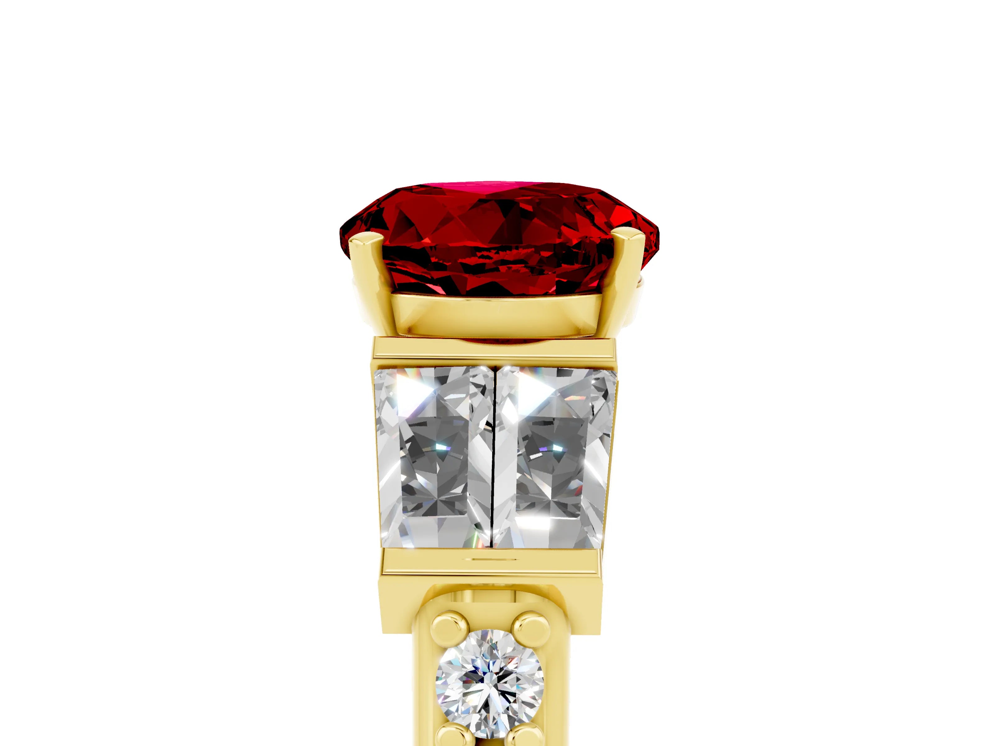 Yellow gold Round Cut Ruby Engagement Ring with Baguette Side Stones and Channel Set Band_5