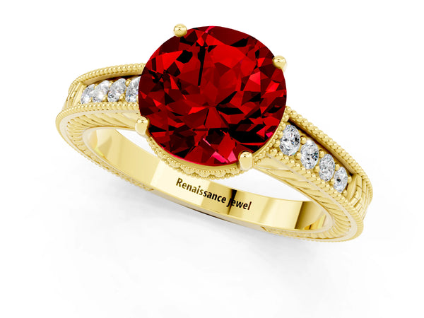 Yellow gold Round Cut Ruby Engagement Ring with Milgrain Channel Set Band and Prong Setting
