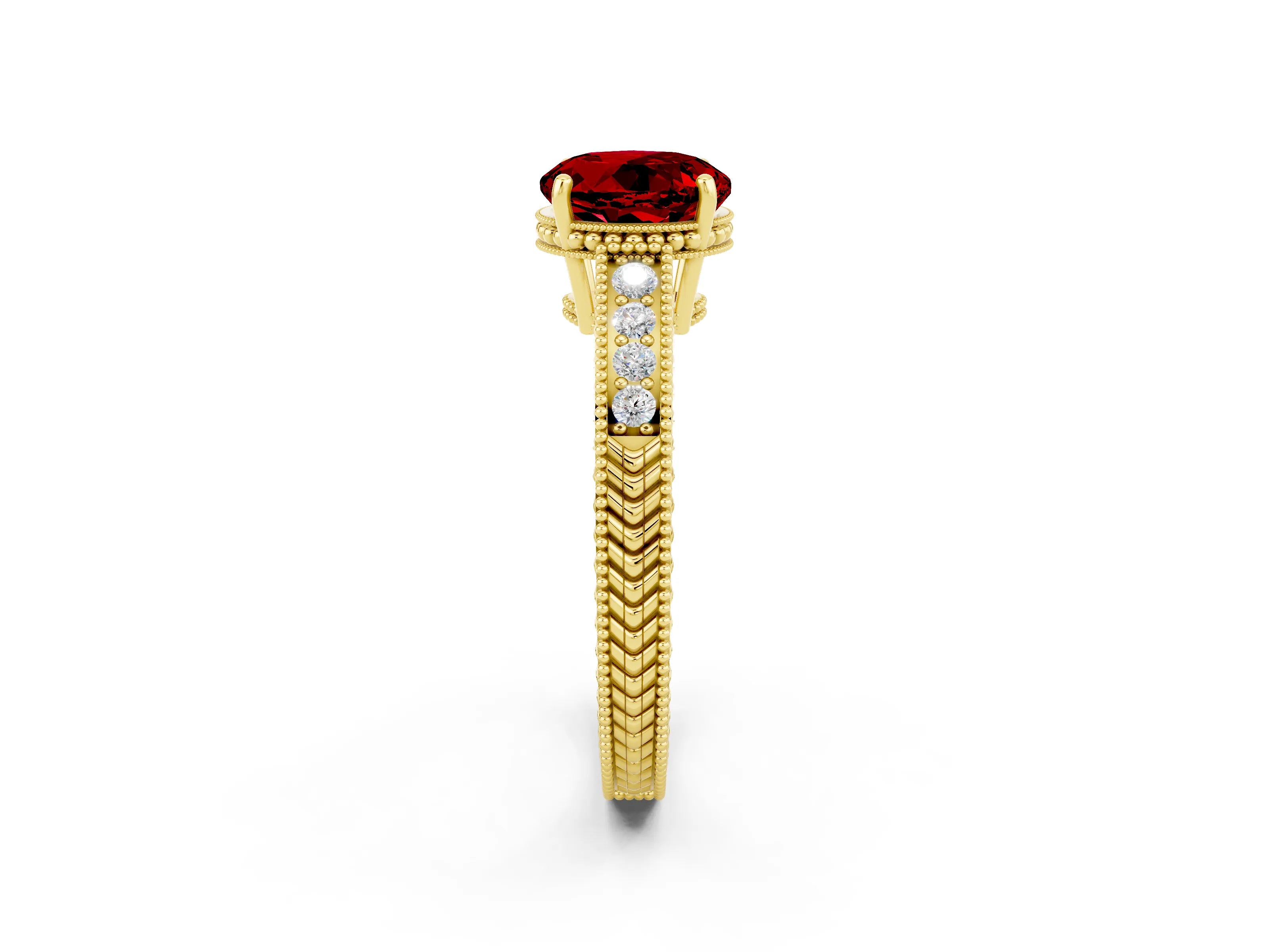 Yellow gold Round Cut Ruby Engagement Ring with Milgrain Channel Set Band and Prong Setting_2