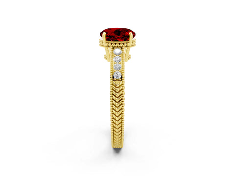 Yellow gold Round Cut Ruby Engagement Ring with Milgrain Channel Set Band and Prong Setting_2