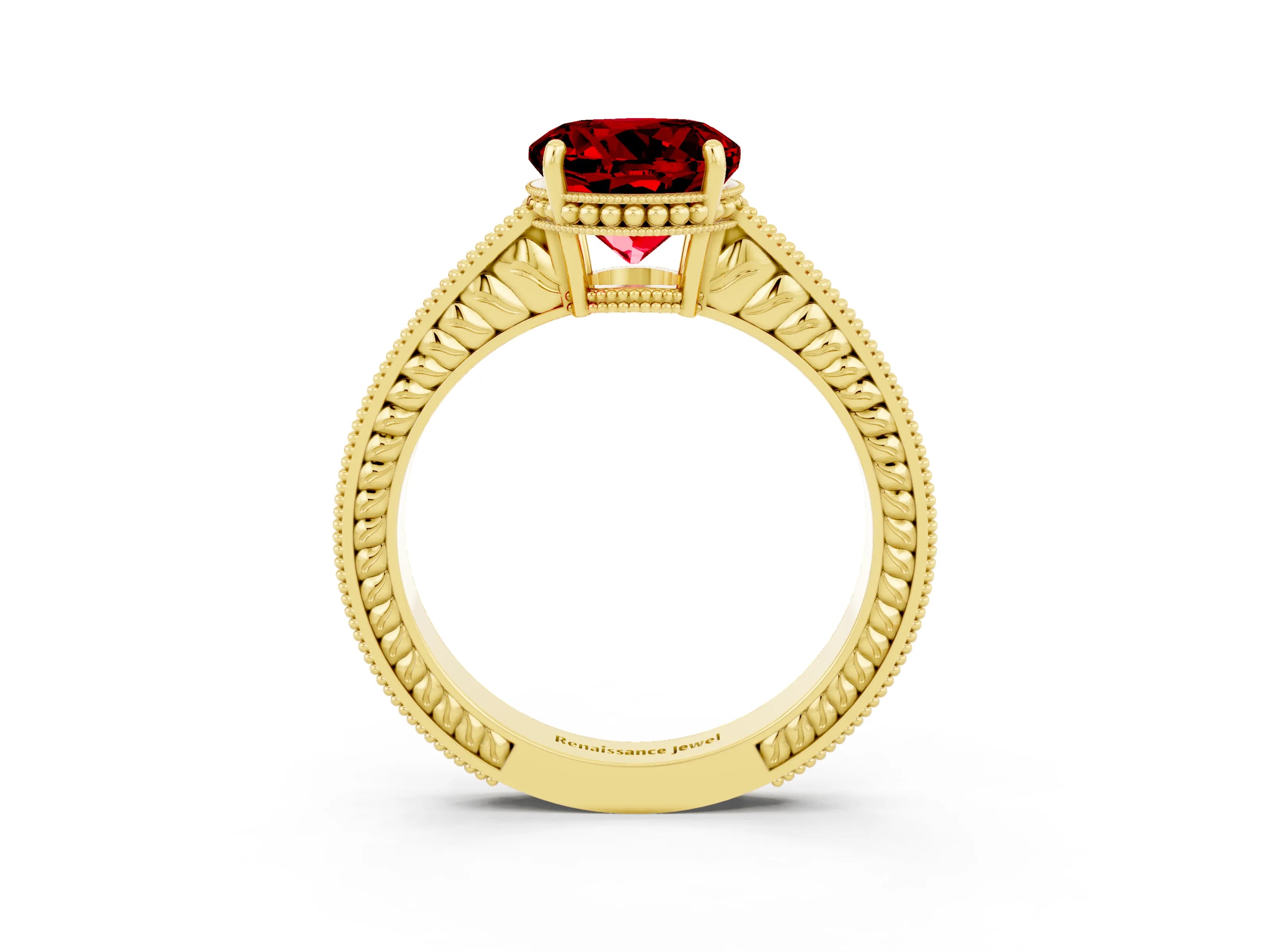 Yellow gold Round Cut Ruby Engagement Ring with Milgrain Channel Set Band and Prong Setting_3