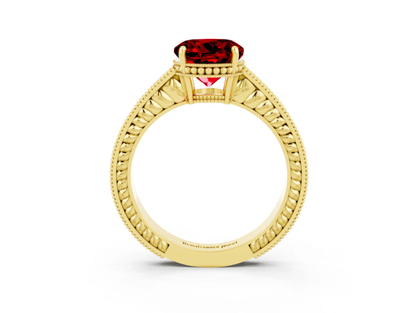Yellow gold Round Cut Ruby Engagement Ring with Milgrain Channel Set Band and Prong Setting