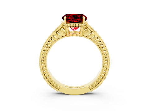 Yellow gold Round Cut Ruby Engagement Ring with Milgrain Channel Set Band and Prong Setting_3