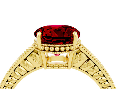 Yellow gold Round Cut Ruby Engagement Ring with Milgrain Channel Set Band and Prong Setting_4