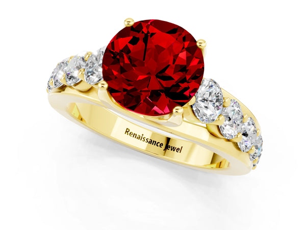 Yellow gold Round Cut Ruby Engagement Ring with Pavé Band and Four-Prong Setting