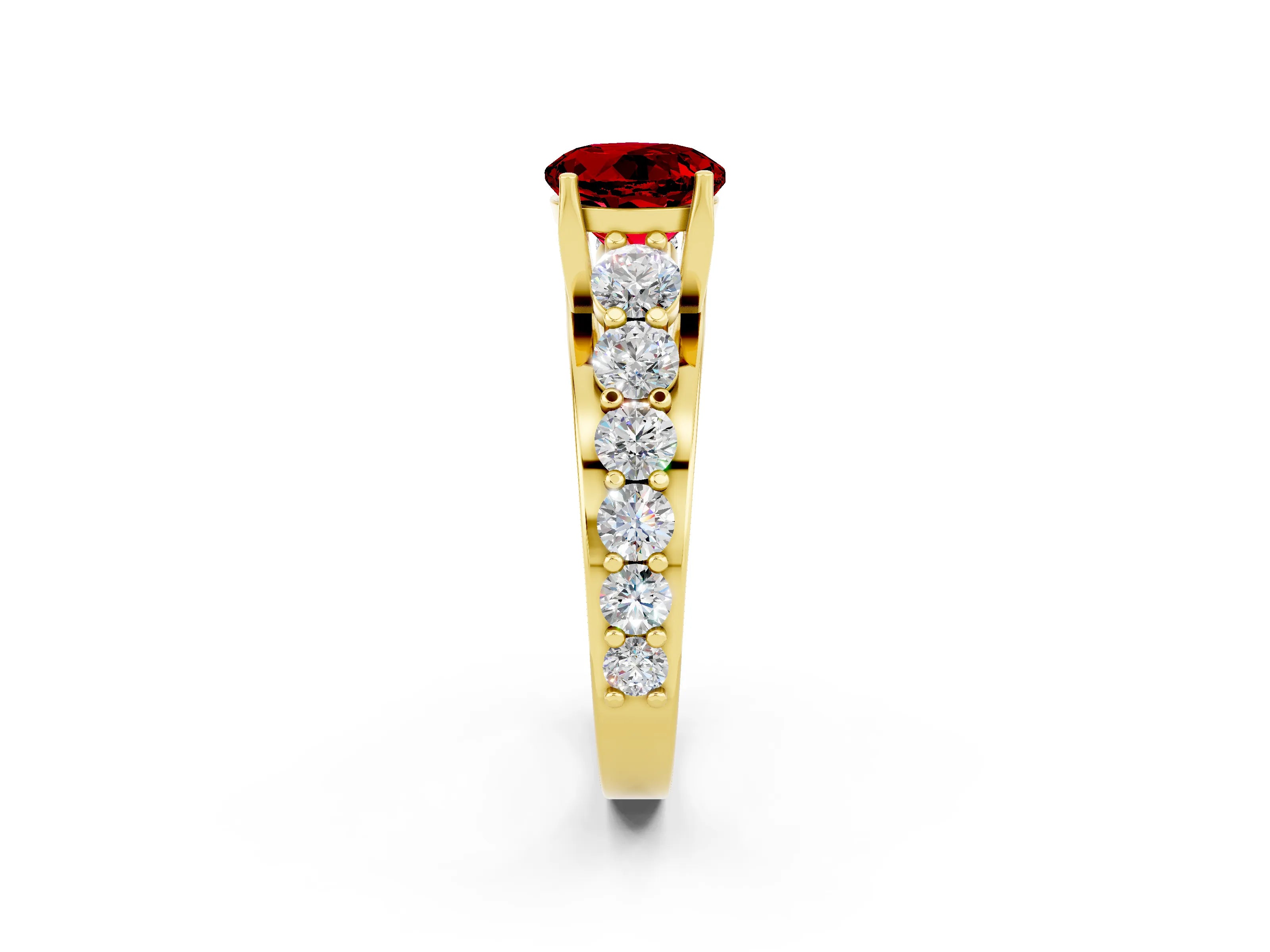 Yellow gold Round Cut Ruby Engagement Ring with Pavé Band and Four-Prong Setting_2