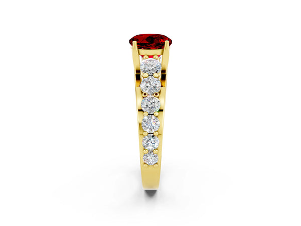 Yellow gold Round Cut Ruby Engagement Ring with Pavé Band and Four-Prong Setting
