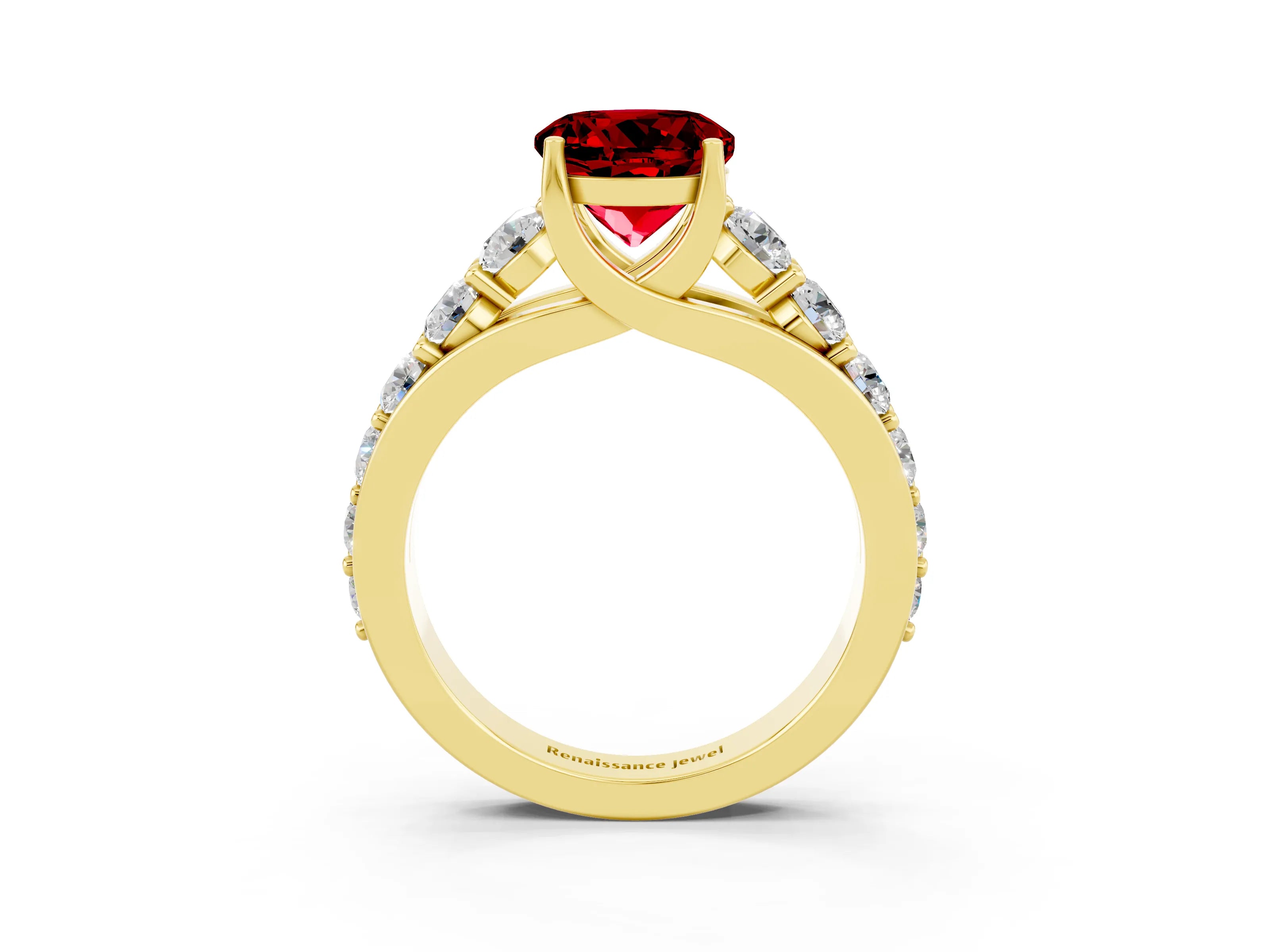 Yellow gold Round Cut Ruby Engagement Ring with Pavé Band and Four-Prong Setting_3