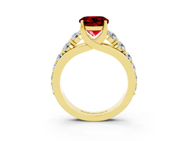 Yellow gold Round Cut Ruby Engagement Ring with Pavé Band and Four-Prong Setting