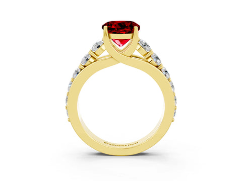 Yellow gold Round Cut Ruby Engagement Ring with Pavé Band and Four-Prong Setting_3