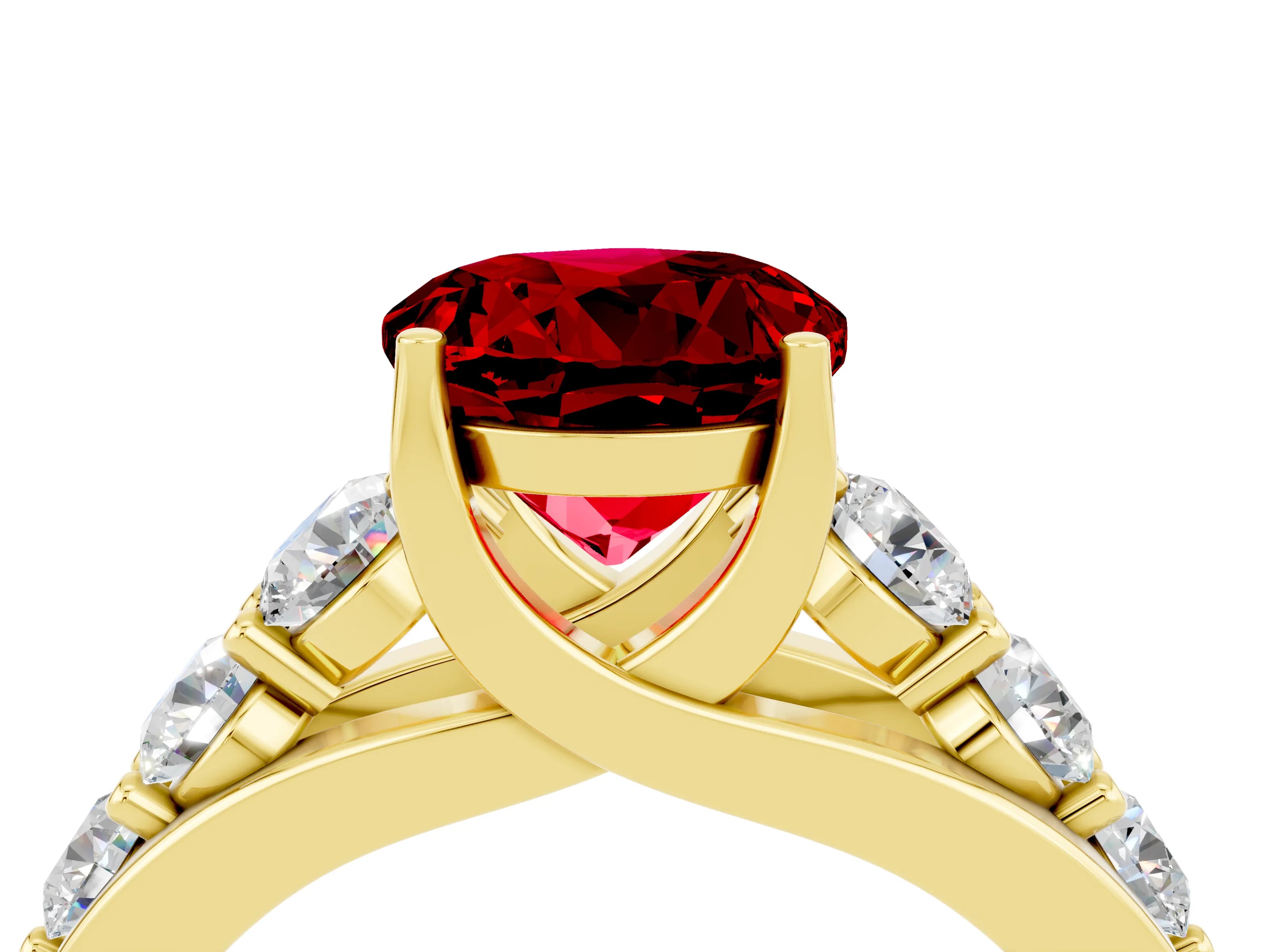 Yellow gold Round Cut Ruby Engagement Ring with Pavé Band and Four-Prong Setting_4