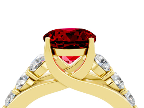 Yellow gold Round Cut Ruby Engagement Ring with Pavé Band and Four-Prong Setting_4
