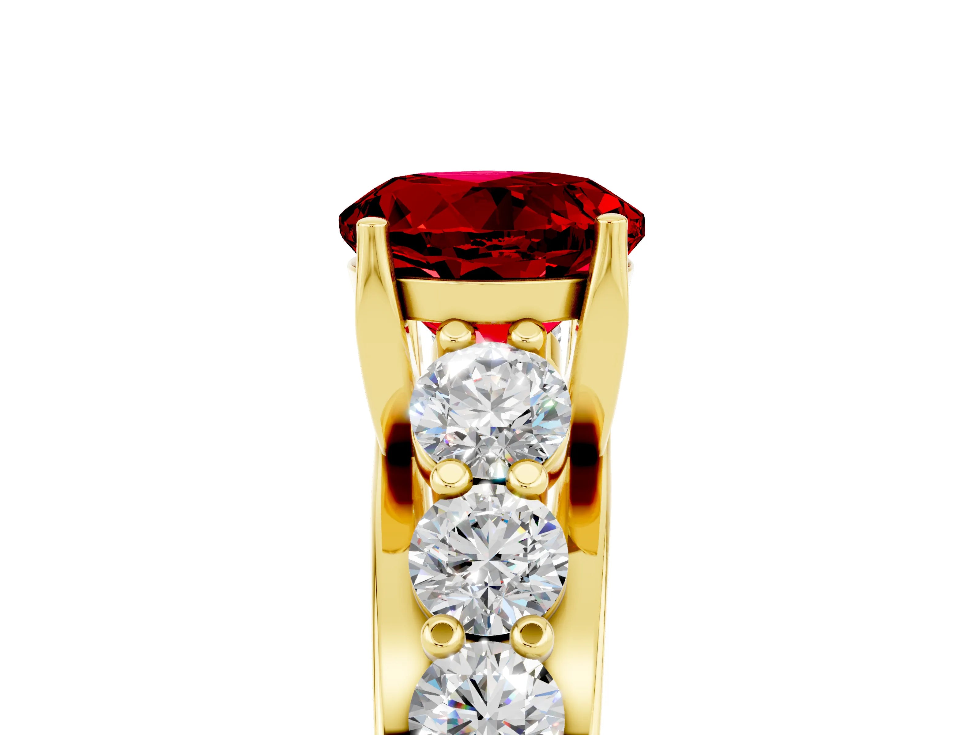 Yellow gold Round Cut Ruby Engagement Ring with Pavé Band and Four-Prong Setting_5