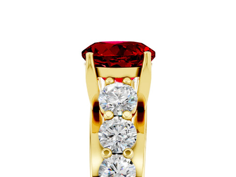 Yellow gold Round Cut Ruby Engagement Ring with Pavé Band and Four-Prong Setting_5