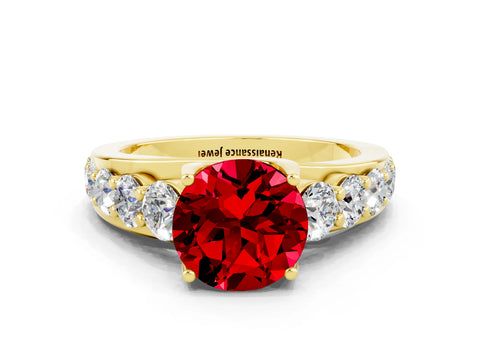 Yellow gold Round Cut Ruby Engagement Ring with Pavé Band and Four-Prong Setting