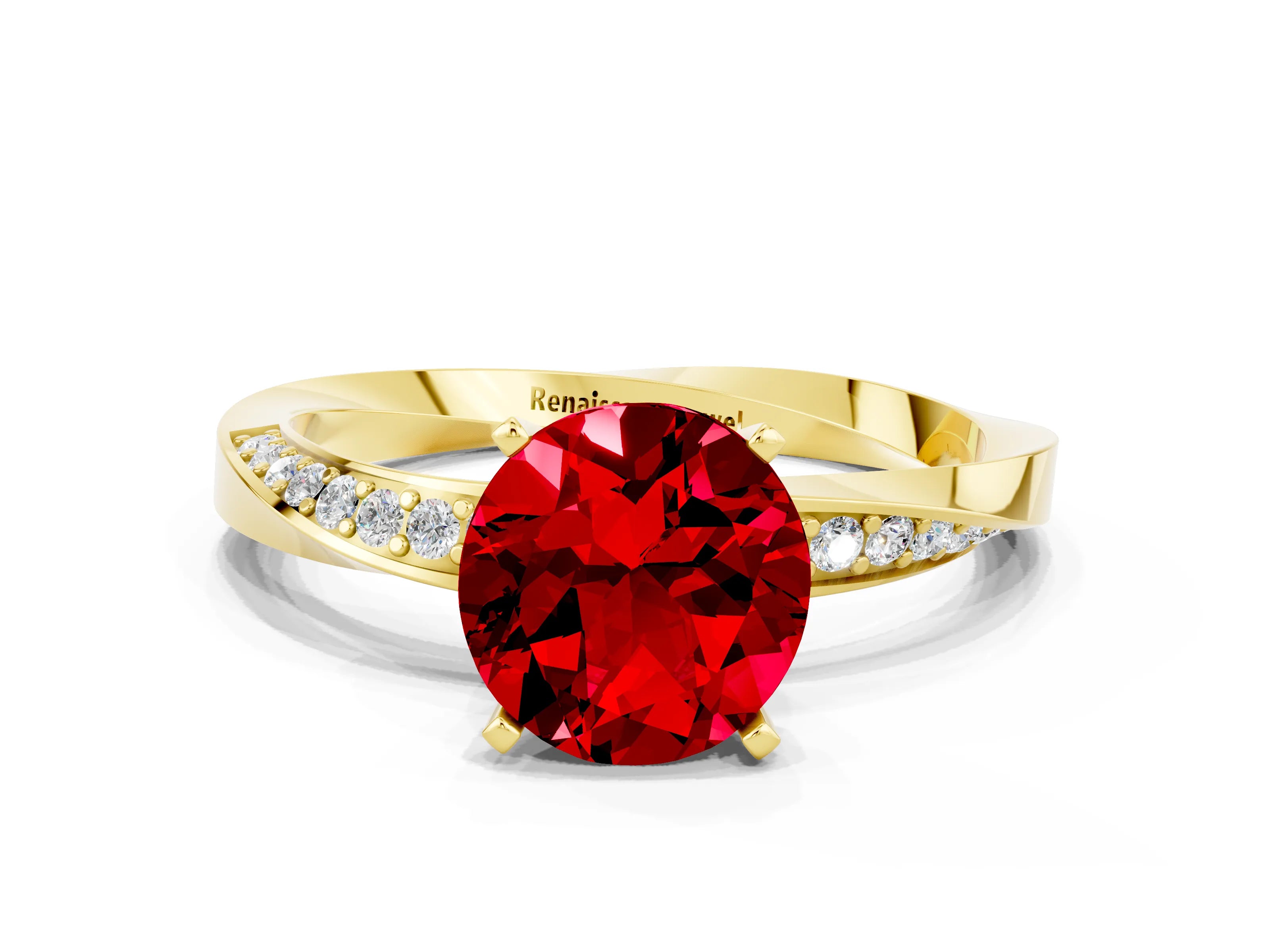 Yellow gold Round Cut Ruby Engagement Ring with Side Stone Accents and Four-Prong Setting_27