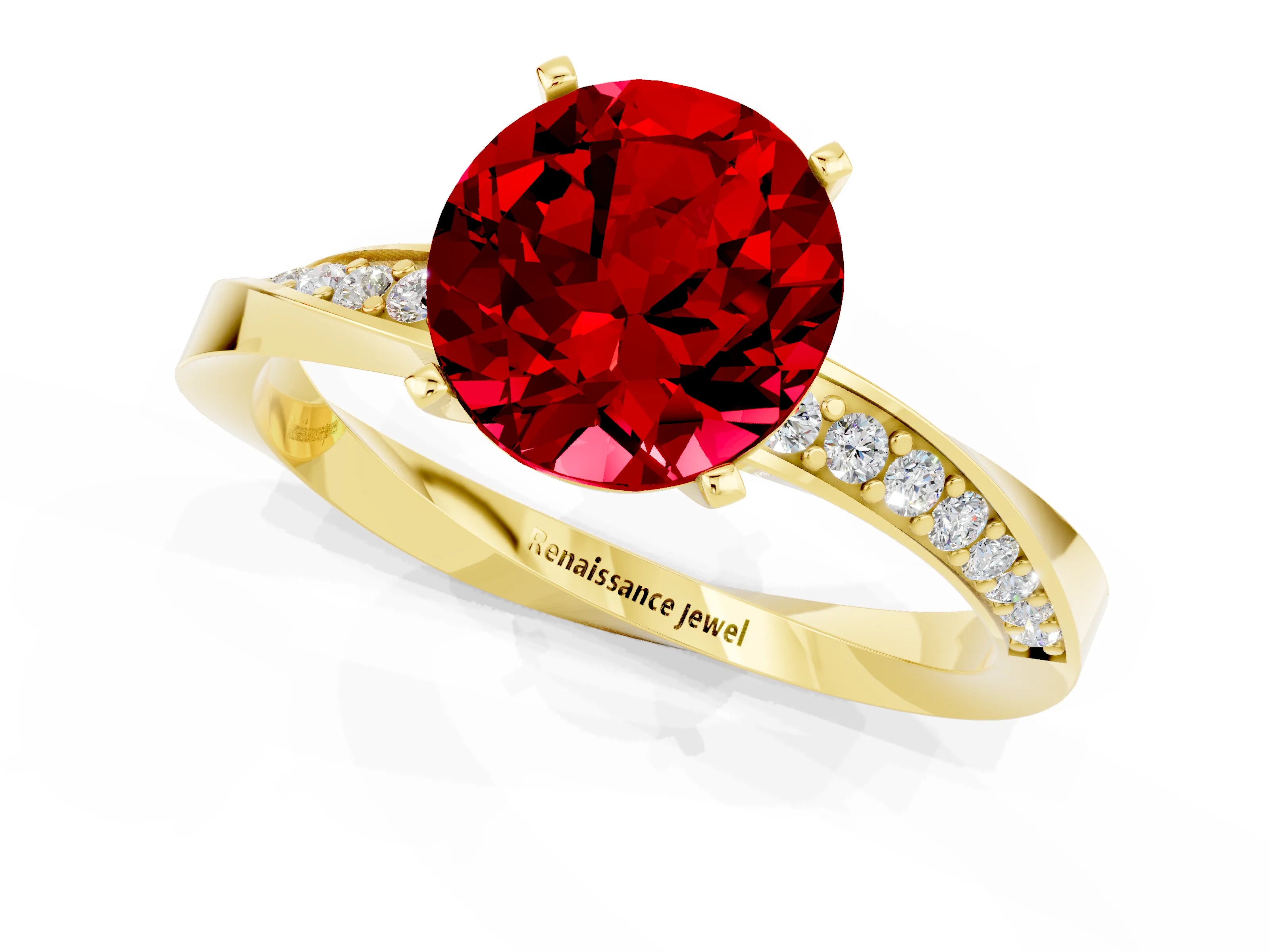 Yellow gold Round Cut Ruby Engagement Ring with Side Stone Accents and Four-Prong Setting_28