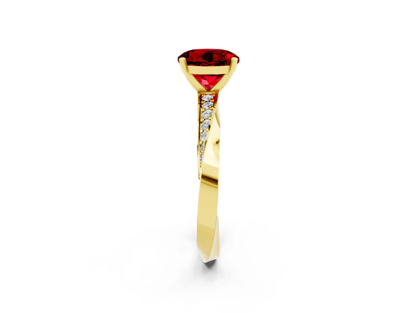Yellow gold Round Cut Ruby Engagement Ring with Side Stone Accents and Four-Prong Setting