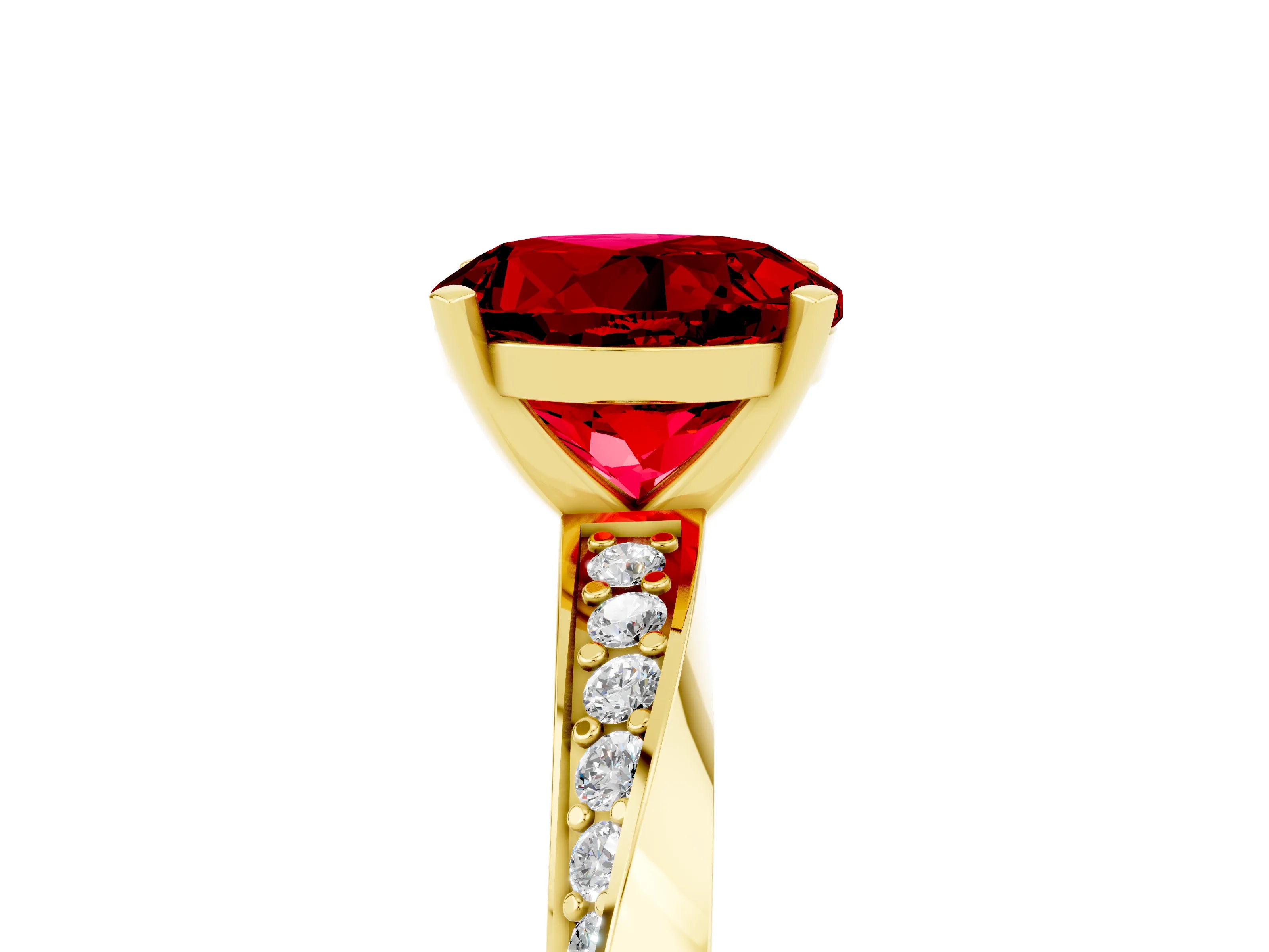 Yellow gold Round Cut Ruby Engagement Ring with Side Stone Accents and Four-Prong Setting_32