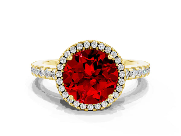 Yellow gold Round Cut Ruby Halo Engagement Ring with Pavé Band and Prong Setting