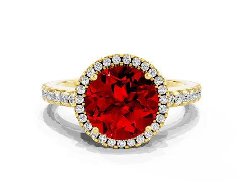 Yellow gold Round Cut Ruby Halo Engagement Ring with Pavé Band and Prong Setting_12