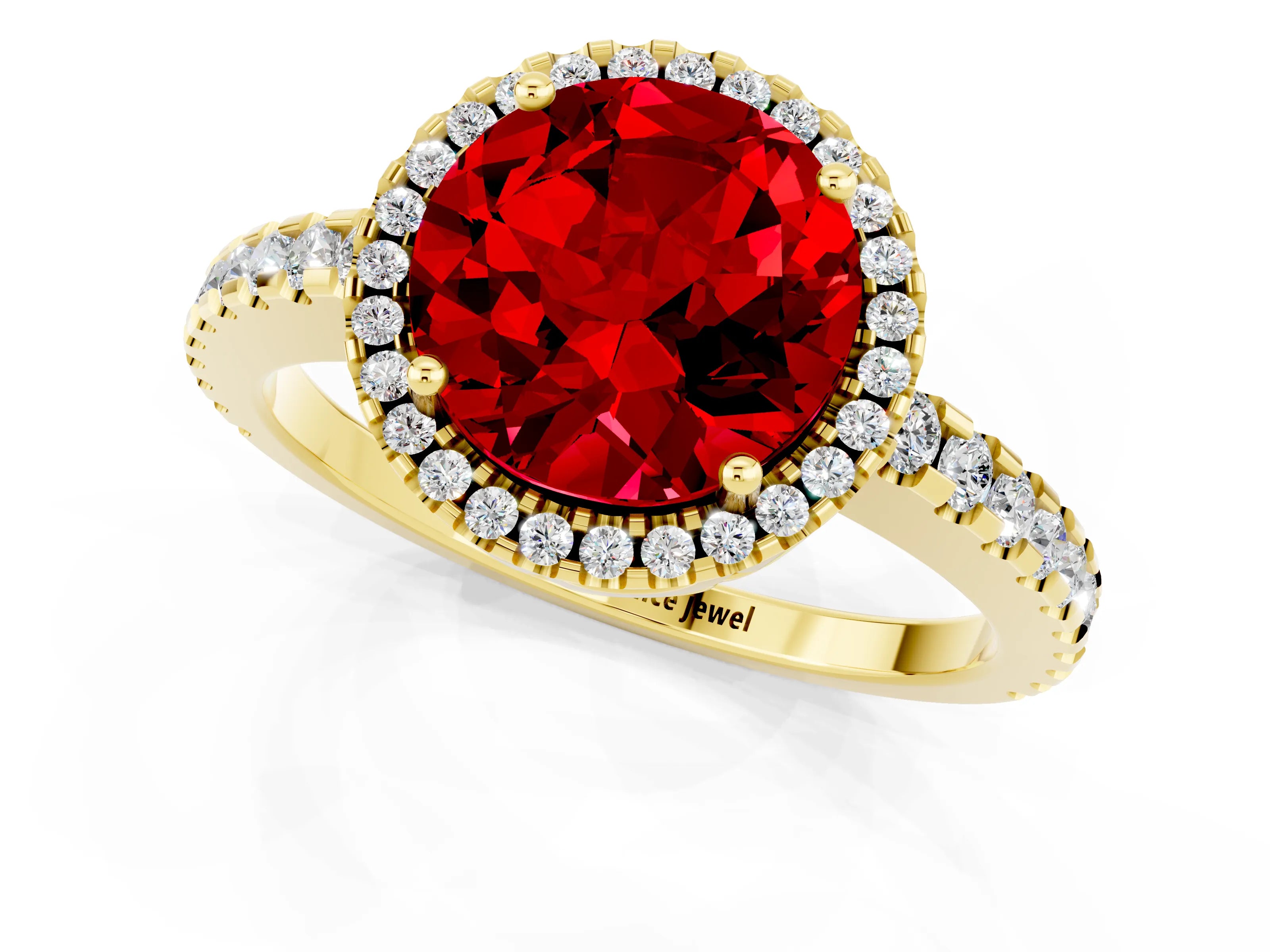 Yellow gold Round Cut Ruby Halo Engagement Ring with Pavé Band and Prong Setting_13