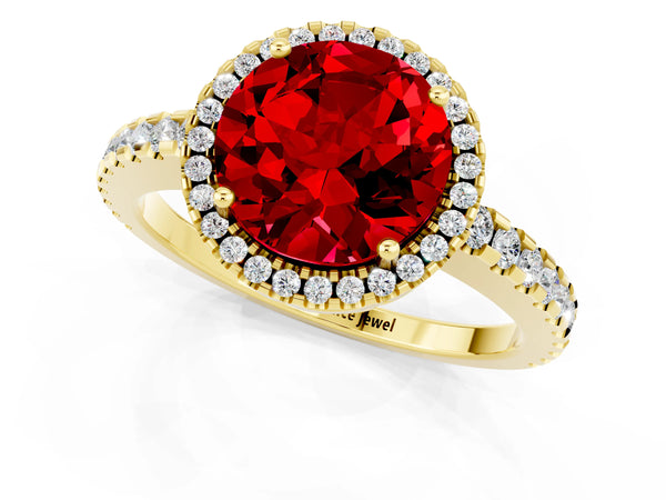 Yellow gold Round Cut Ruby Halo Engagement Ring with Pavé Band and Prong Setting