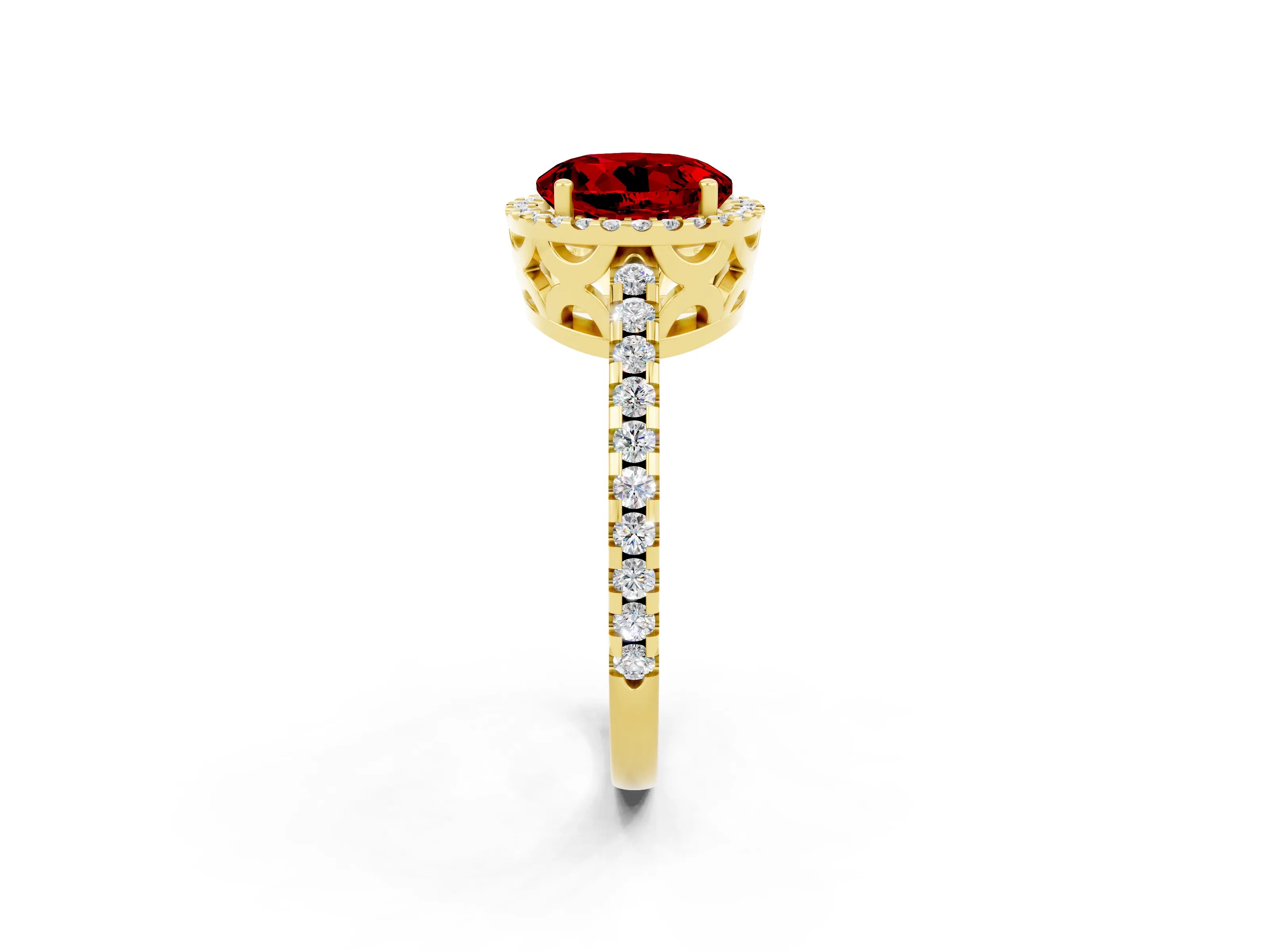 Yellow gold Round Cut Ruby Halo Engagement Ring with Pavé Band and Prong Setting_14
