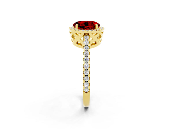 Yellow gold Round Cut Ruby Halo Engagement Ring with Pavé Band and Prong Setting