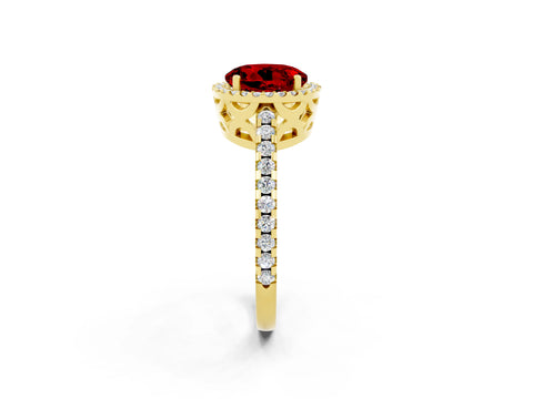Yellow gold Round Cut Ruby Halo Engagement Ring with Pavé Band and Prong Setting_14
