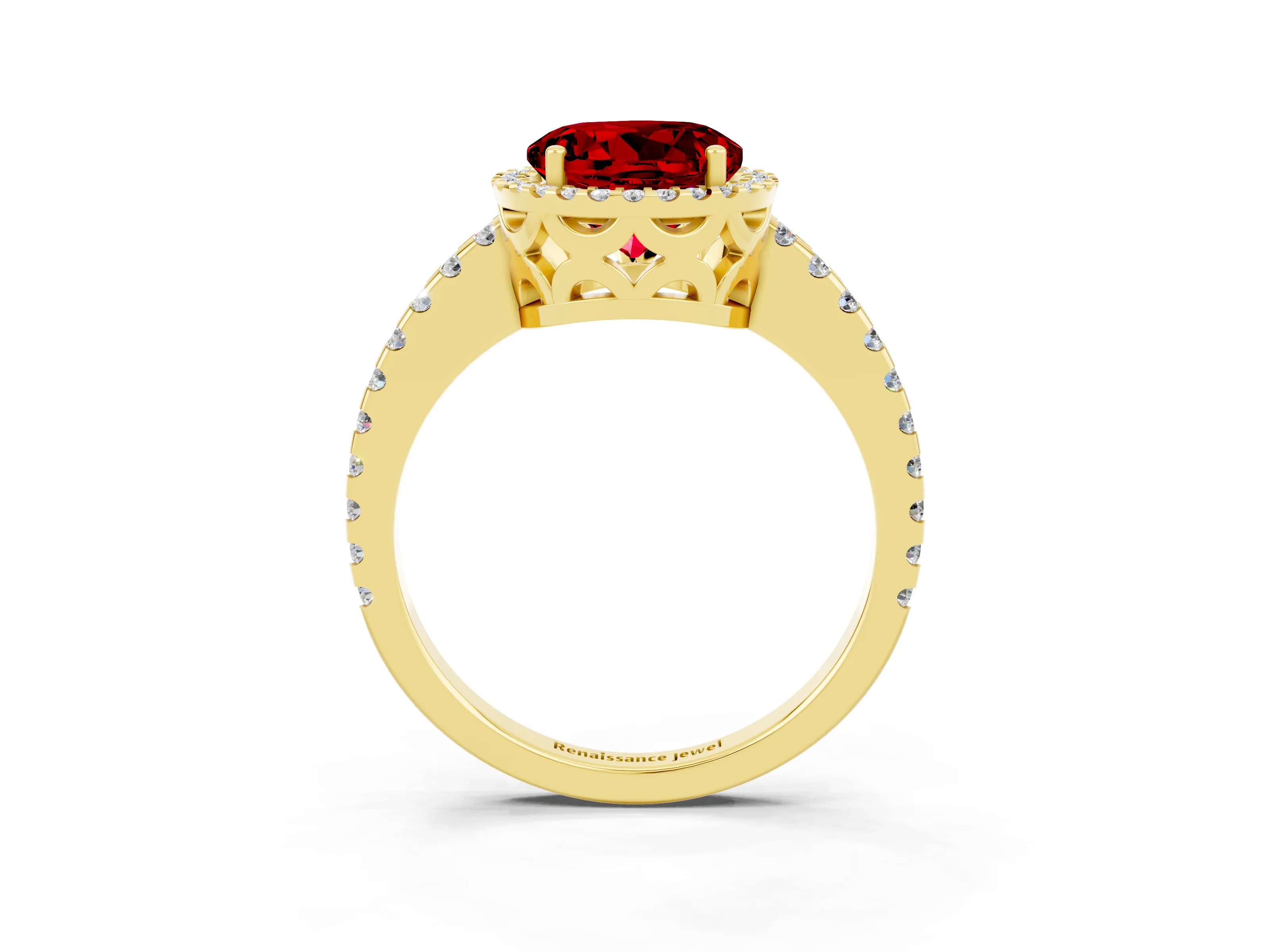 Yellow gold Round Cut Ruby Halo Engagement Ring with Pavé Band and Prong Setting_15