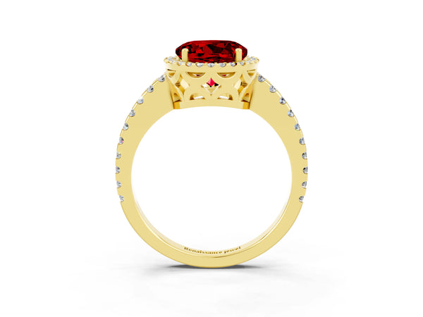 Yellow gold Round Cut Ruby Halo Engagement Ring with Pavé Band and Prong Setting