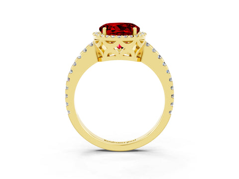 Yellow gold Round Cut Ruby Halo Engagement Ring with Pavé Band and Prong Setting_15