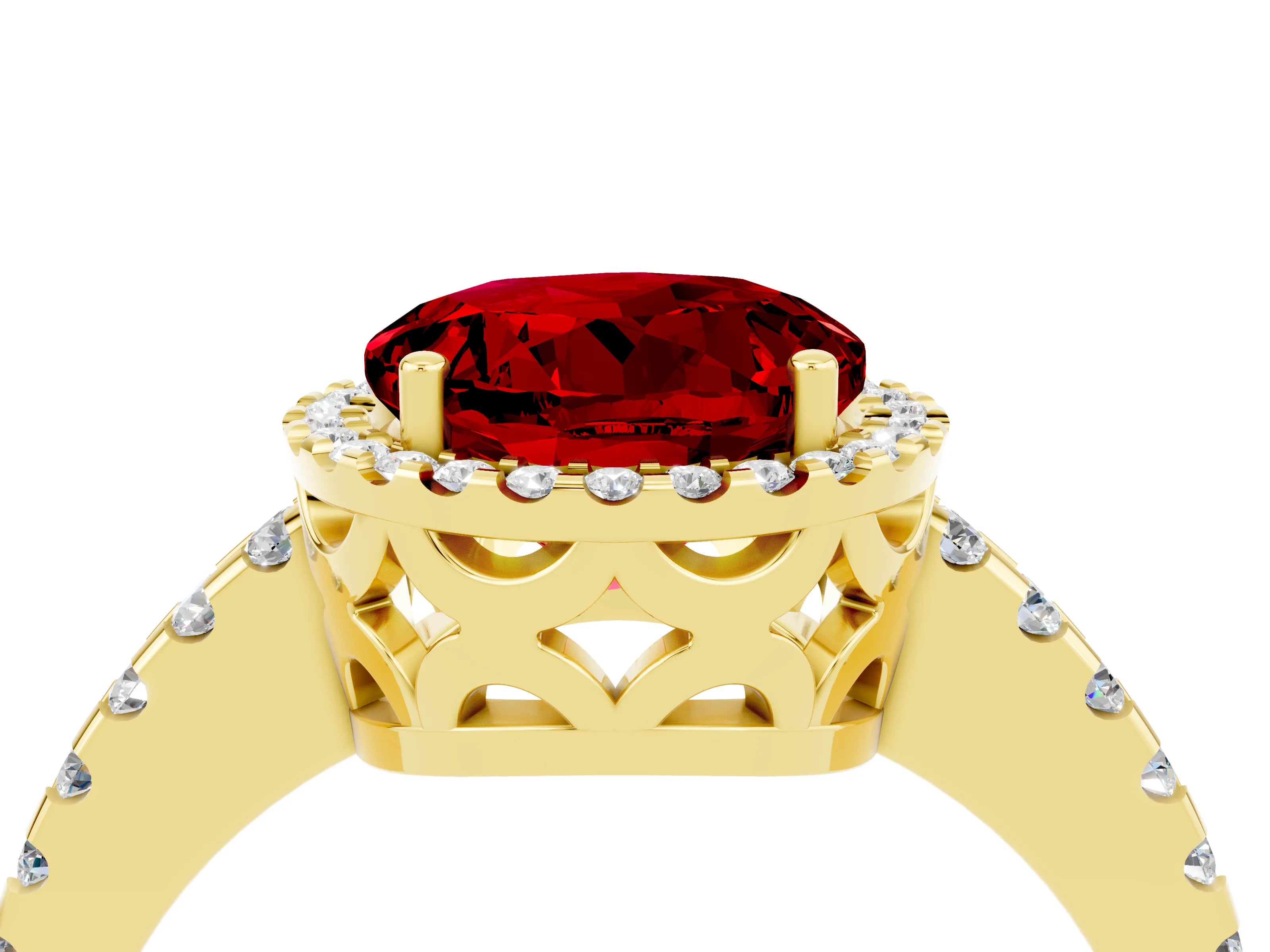 Yellow gold Round Cut Ruby Halo Engagement Ring with Pavé Band and Prong Setting_16