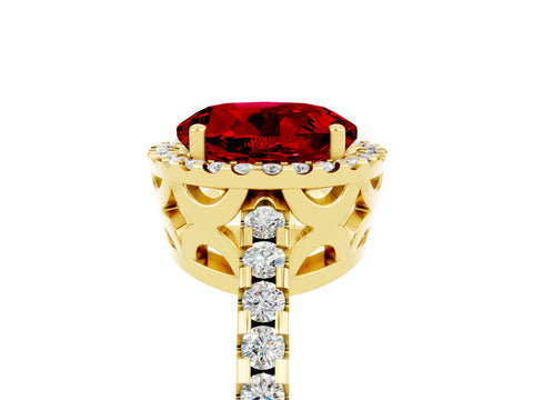 Yellow gold Round Cut Ruby Halo Engagement Ring with Pavé Band and Prong Setting_17
