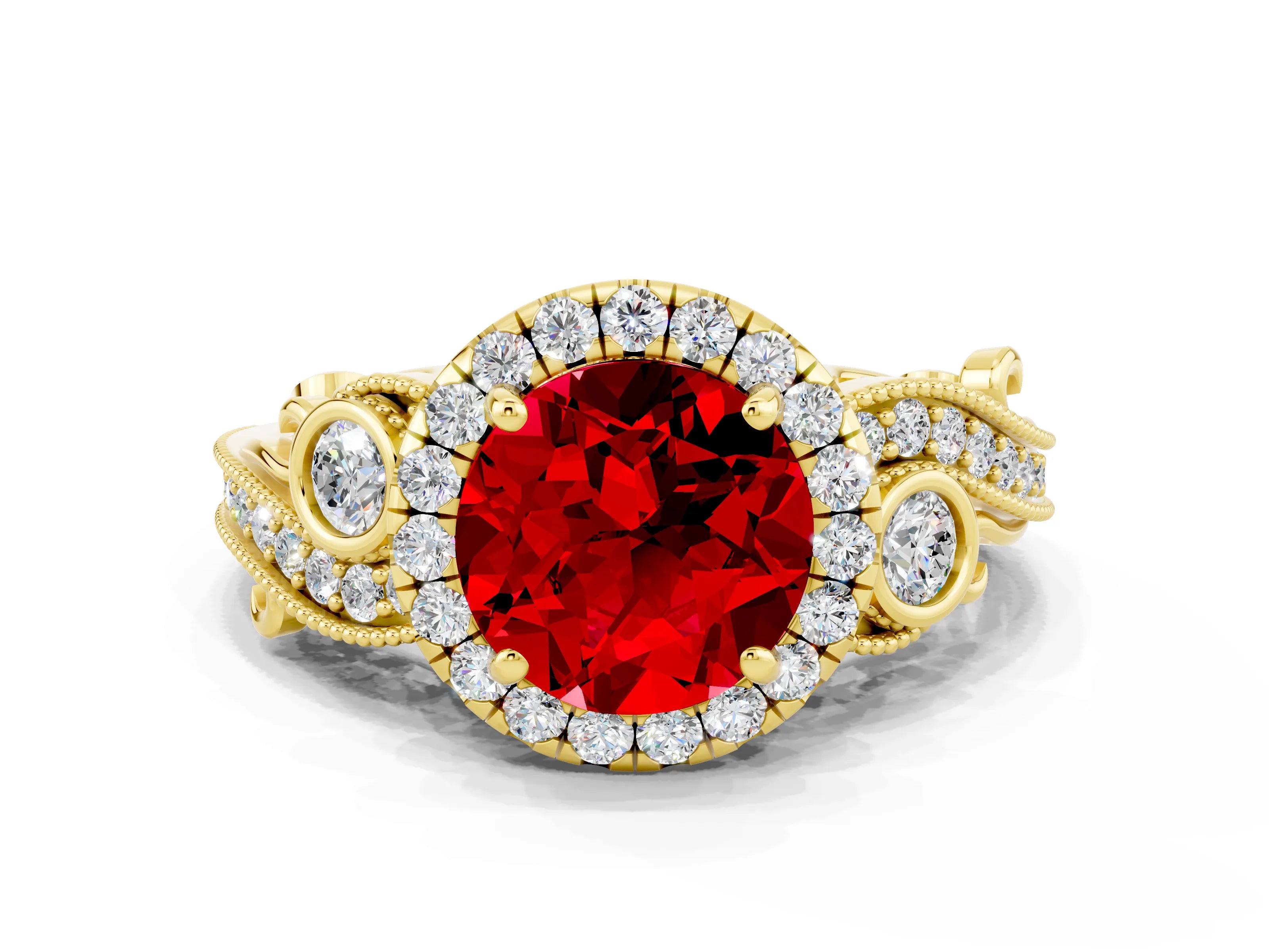 Yellow gold Round Cut Ruby Halo Ring with Milgrain Pavé Band and Four-Prong Setting_12