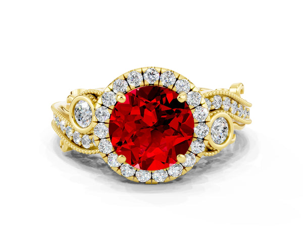 Yellow gold Round Cut Ruby Halo Ring with Milgrain Pavé Band and Four-Prong Setting