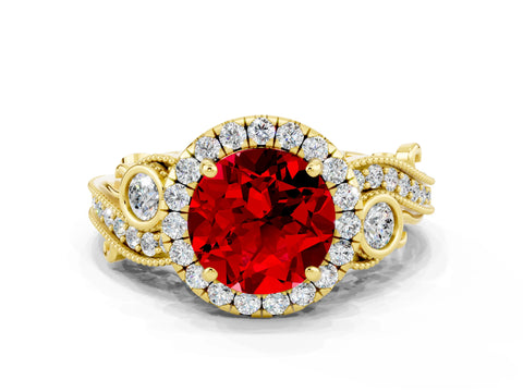 Yellow gold Round Cut Ruby Halo Ring with Milgrain Pavé Band and Four-Prong Setting_12
