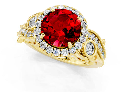 Yellow gold Round Cut Ruby Halo Ring with Milgrain Pavé Band and Four-Prong Setting_13