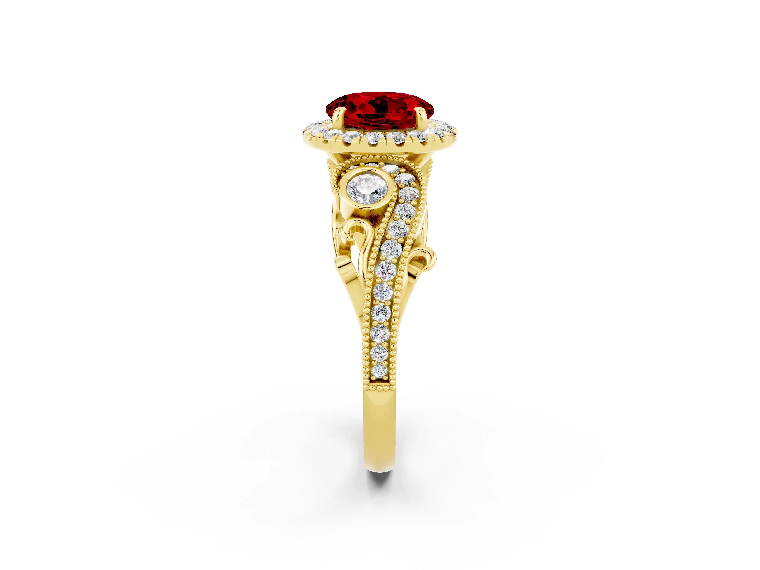 Yellow gold Round Cut Ruby Halo Ring with Milgrain Pavé Band and Four-Prong Setting_14