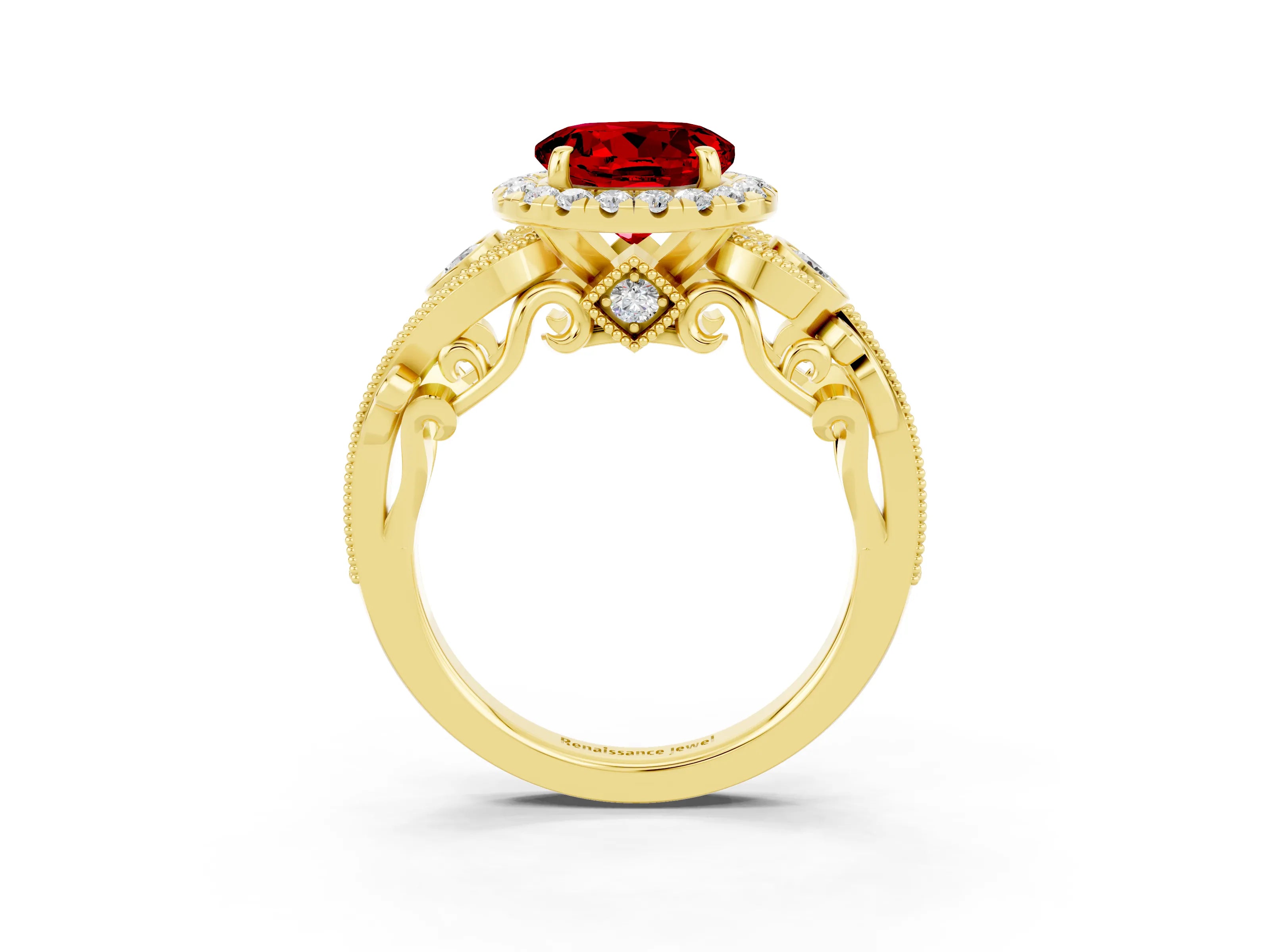 Yellow gold Round Cut Ruby Halo Ring with Milgrain Pavé Band and Four-Prong Setting_15