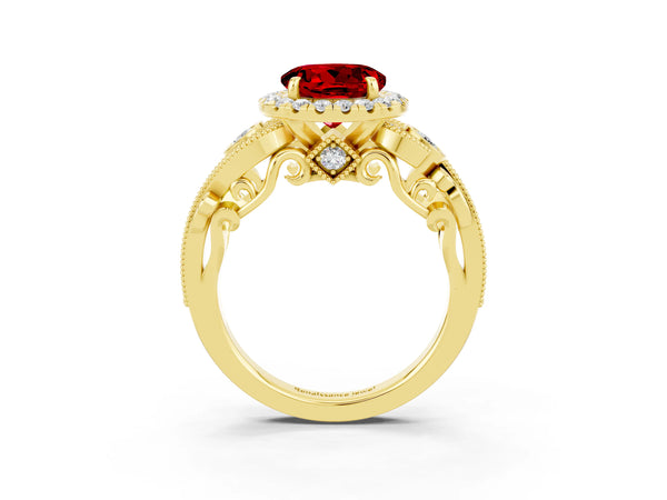 Yellow gold Round Cut Ruby Halo Ring with Milgrain Pavé Band and Four-Prong Setting