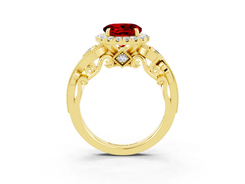 Yellow gold Round Cut Ruby Halo Ring with Milgrain Pavé Band and Four-Prong Setting_15