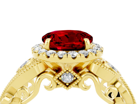 Yellow gold Round Cut Ruby Halo Ring with Milgrain Pavé Band and Four-Prong Setting_16