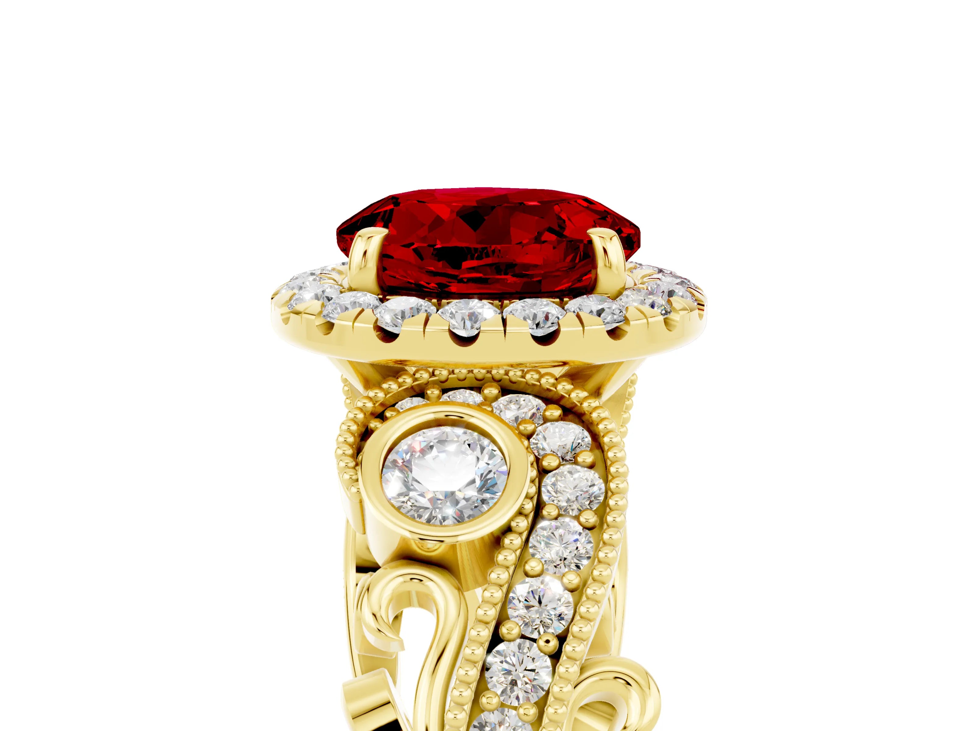 Yellow gold Round Cut Ruby Halo Ring with Milgrain Pavé Band and Four-Prong Setting_17