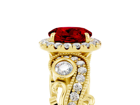 Yellow gold Round Cut Ruby Halo Ring with Milgrain Pavé Band and Four-Prong Setting_17