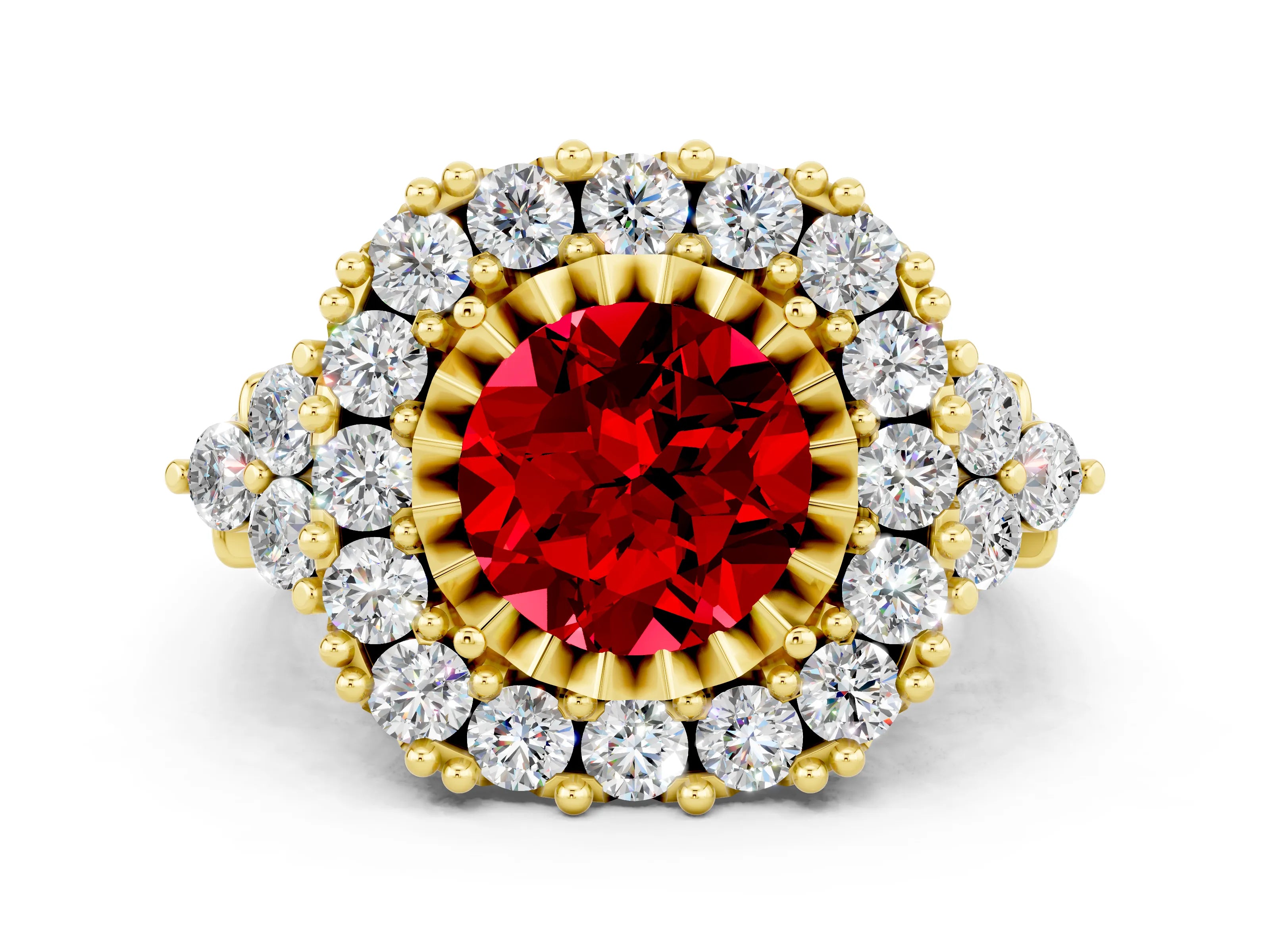 Yellow gold Round Cut Ruby Halo Ring with Pavé Band and Four-Prong Setting_12