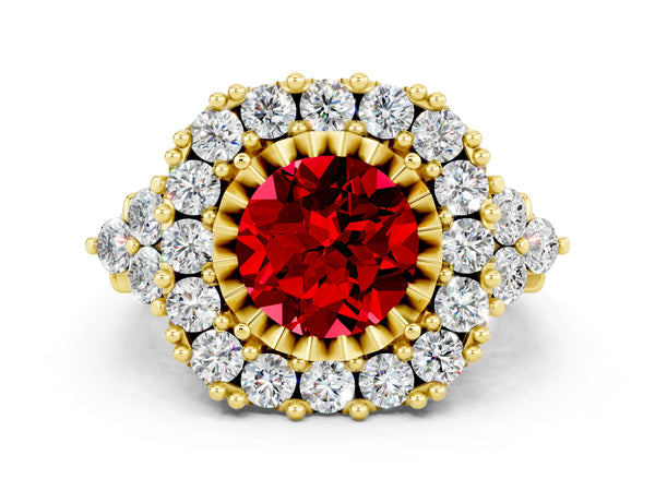 Yellow gold Round Cut Ruby Halo Ring with Pavé Band and Four-Prong Setting