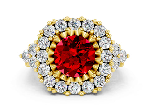 Yellow gold Round Cut Ruby Halo Ring with Pavé Band and Four-Prong Setting_12