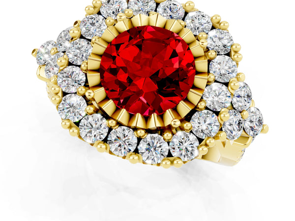 Yellow gold Round Cut Ruby Halo Ring with Pavé Band and Four-Prong Setting